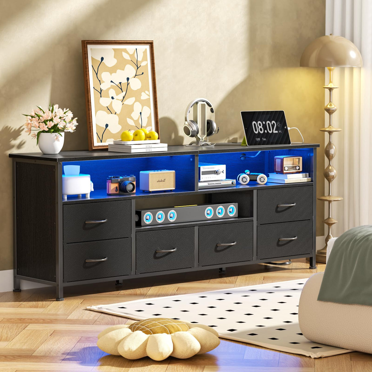 Furologee 55" LED TV Stand for Bedroom with Power Outlets, Entertainment Center with 6 Fabric Drawers for 50/55/60 inch TVs, Dresser TV Stand Long Console Media Table for Living Room, PU Black Furologee