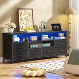 Furologee 55" LED TV Stand for Bedroom with Power Outlets, Entertainment Center with 6 Fabric Drawers for 50/55/60 inch TVs, Dresser TV Stand Long Console Media Table for Living Room, PU Black Furologee