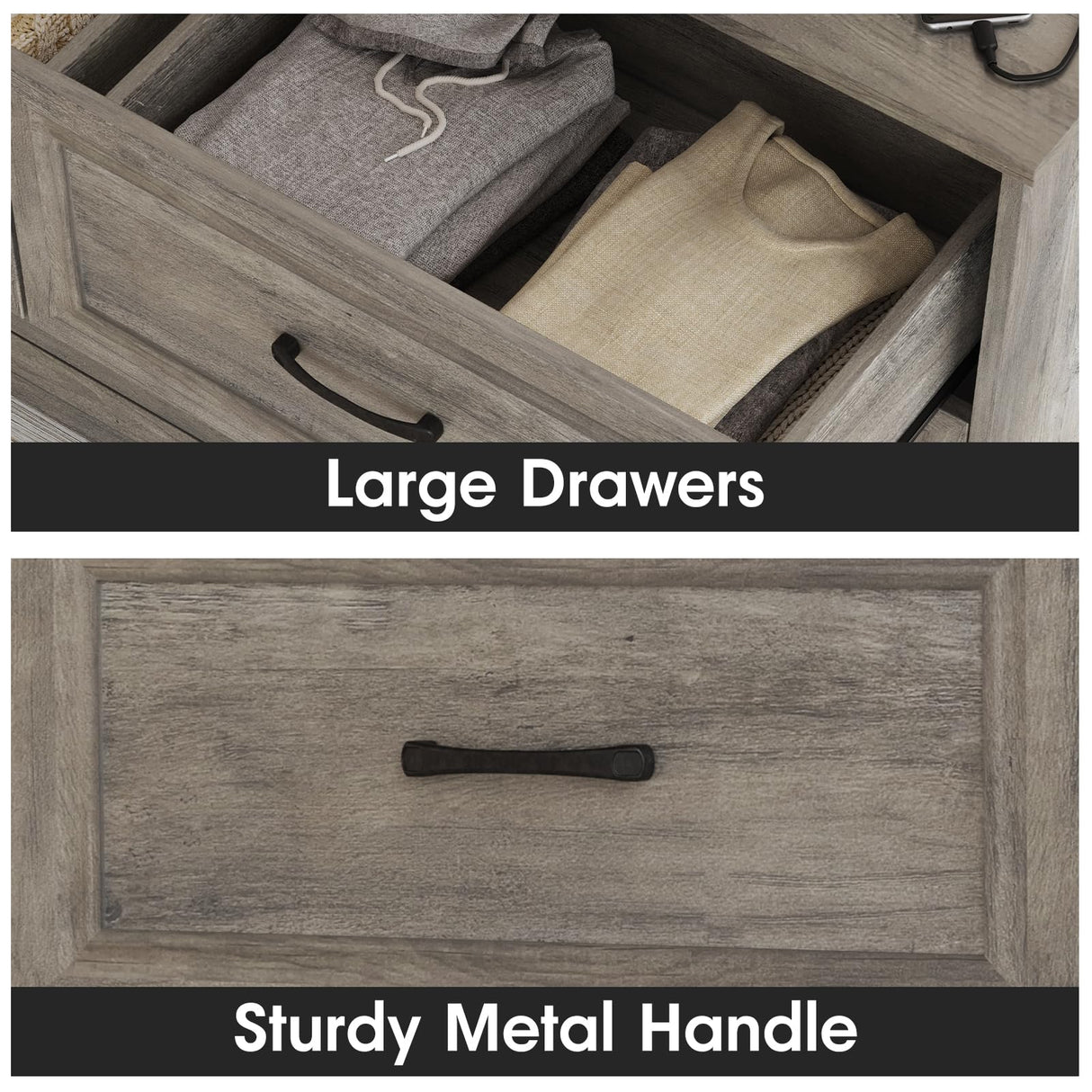 Fameill Dresser for Bedroom, 6 Drawer Wide Dresser Organizer with Charging Station, Tall Dresser for Hallway, Wood Dresser with Metal Handles, Ash Grey Fameill