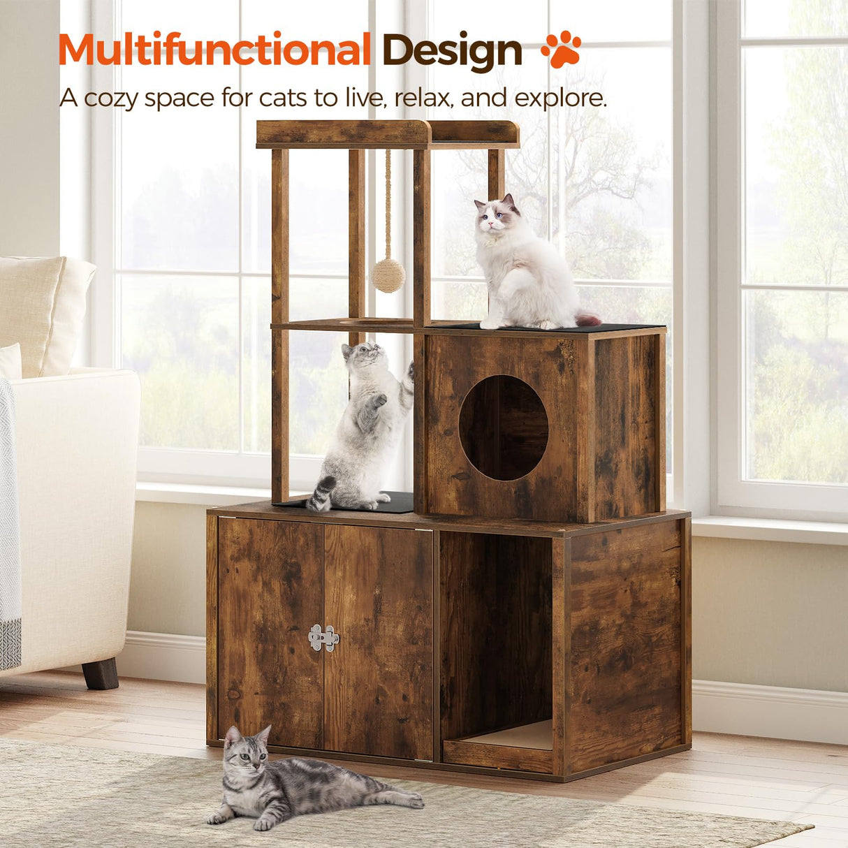 MAHANCRIS Cat Tree with Litter Box Enclosure, Hidden Cats Litter Box Furniture with Condo and Plush Ball, Wooden Cats Washroom Furniture with Platform, Indoor Cat House, Rustic Brown CWHR1501 MAHANCRIS