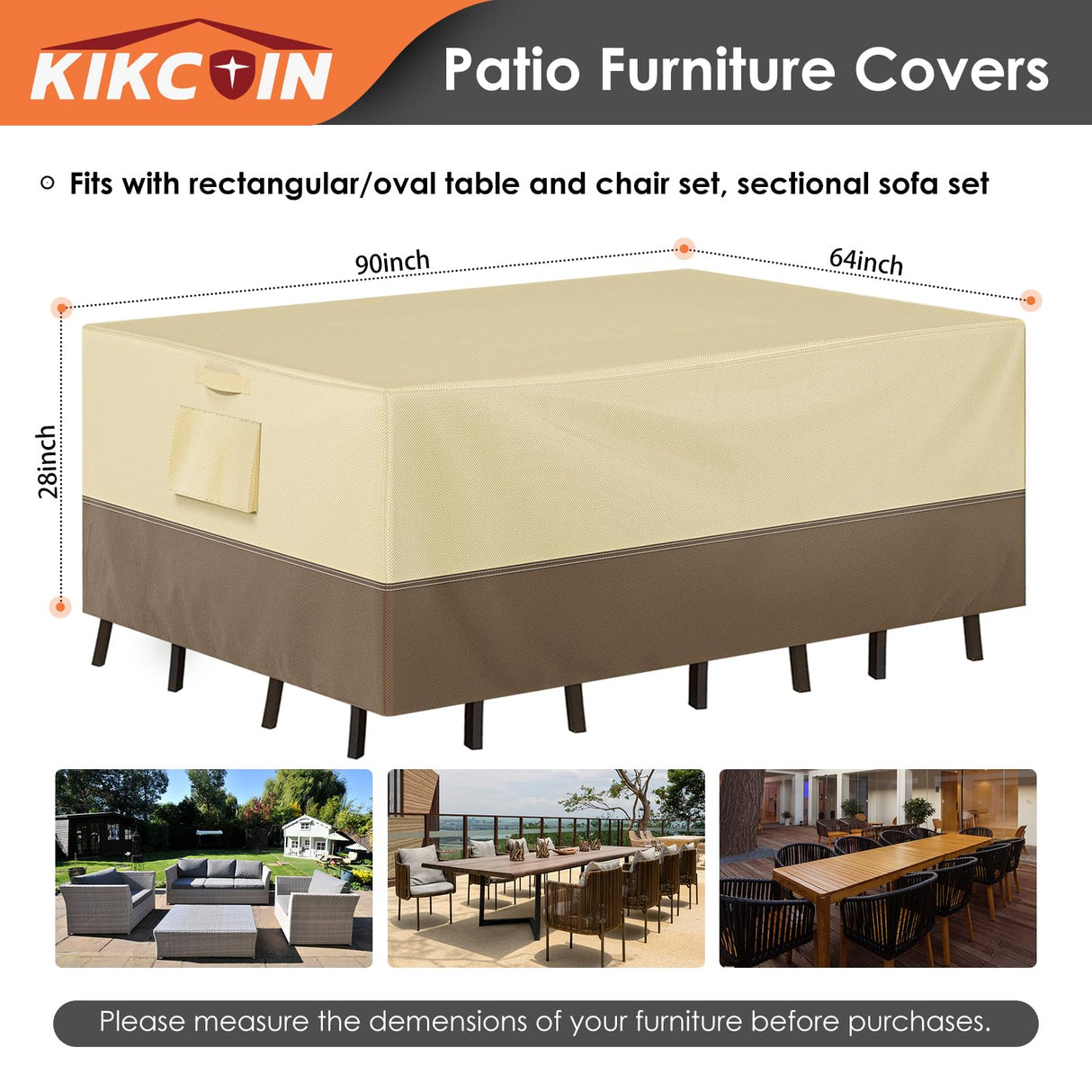 Patio Furniture Covers Waterproof for Table and Chairs, Rectangular Outdoor Furniture Set Cover, Anti-Fade, Tear/Water Resistant Patio Furniture Set Covers, 90"L x 64"W x 28"H Kikcoin