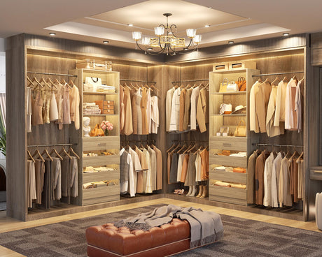 Aheaplus Closet System Set of 2, 4-9Ft Wood Closet Organizer with Drawers & Shelves, Closet Organizer System with 8 Hanging Rods, Walk-in Closets Organizer Wardrobe Closet Rack, White Oak Aheaplus