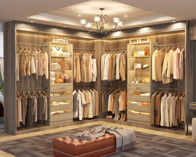 Aheaplus Closet System Set of 2, 4-9Ft Wood Closet Organizer with Drawers & Shelves, Closet Organizer System with 8 Hanging Rods, Walk-in Closets Organizer Wardrobe Closet Rack, White Oak