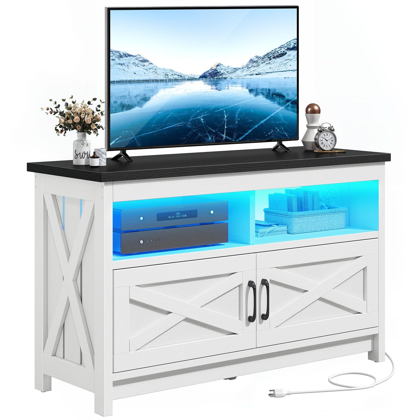 YITAHOME Entertainment Center with Power Outlets, RGB LED TV Stand for up to 40 Inch TVs, Farmhouse Media Console TV Cabinet for Living Room, X-Shape Design (35 Inches, Black/White) - WoodArtSupply