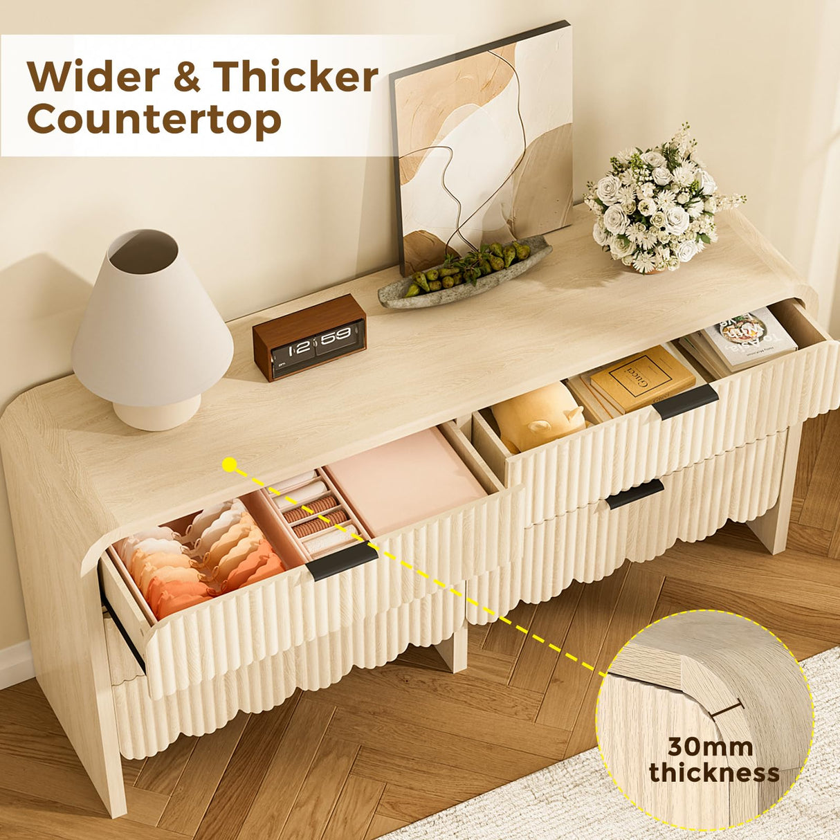 CLLASOU 6 Drawer Dresser for Bedroom, Wood Storage Dresser with Drawers and Metal Handle, Fluted Dressers TV Stand, Modern Closet Chest of Drawers for Bedroom (Beige) CLLASOU