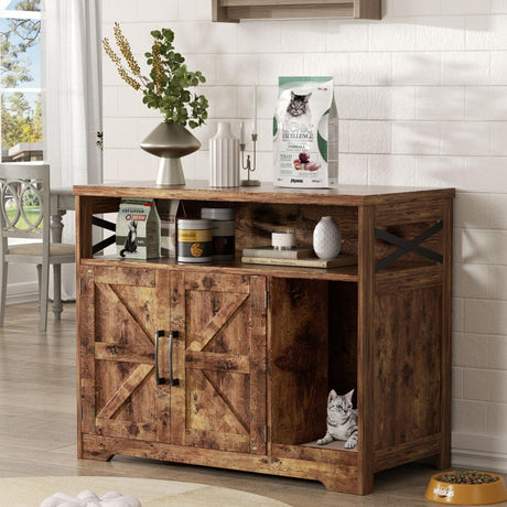 Halitaa Cat Litter Box Enclosure, Hidden Litter Box Furniture with Scratch Pad, Farmhouse Indoor Cat House Washroom End Table, Rustic Brown Halitaa