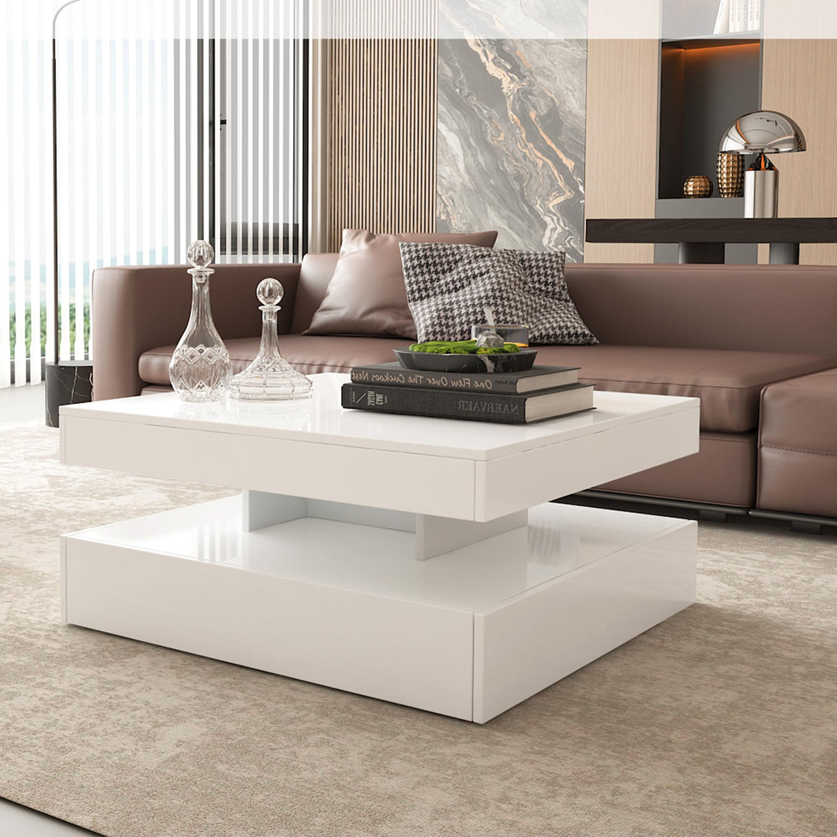 White LED Coffee Table for Living Room, Square Coffee Table with Lights, Lighted Cocktail Table, Mid Century Table with Lights, Modern Center Table with Storage, High Glossy Surface, 30 Inch WoodArtSupply