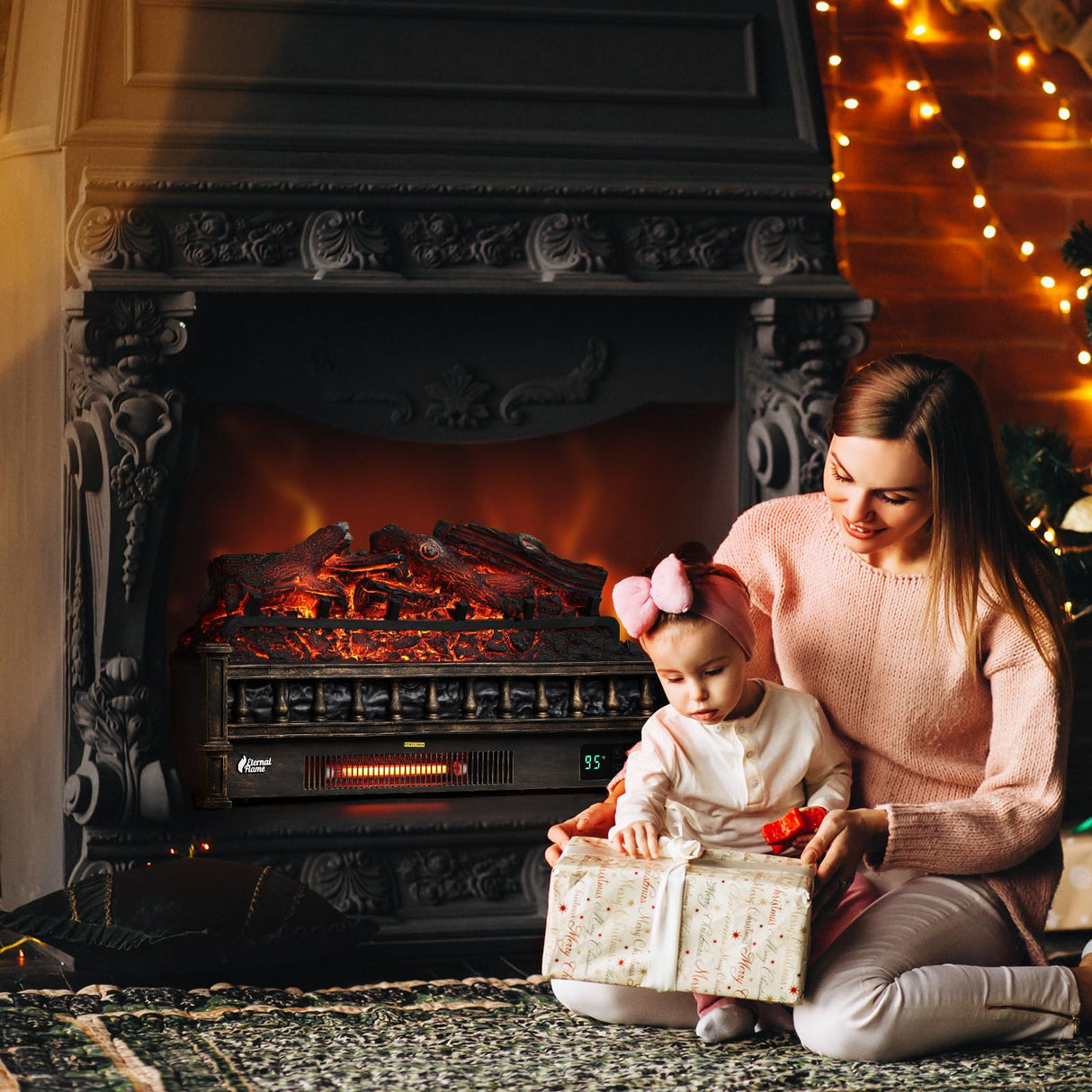 TURBRO Eternal Flame 26 in. WiFi Infrared Quartz Electric Fireplace Log Heater with Sound Crackling, Realistic Lemonwood Logs, Adjustable Flame Colors, Remote Control, Thermostat, Timer, 1500W Bronze TURBRO