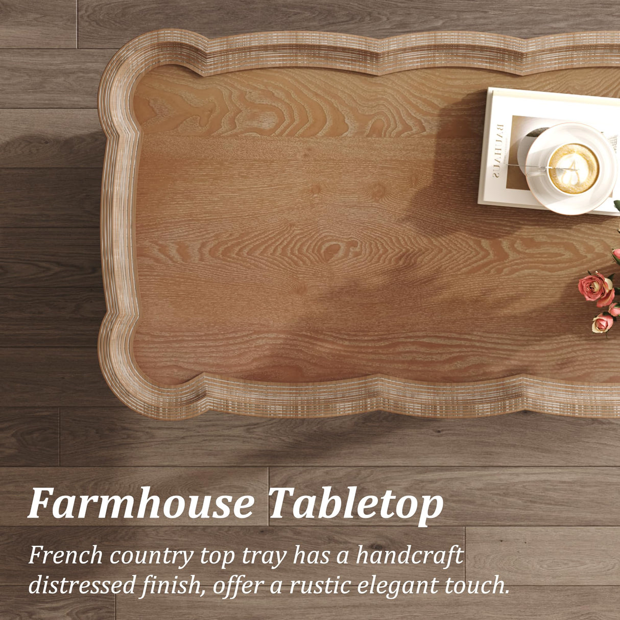 Function Home Farmhouse Coffee Table, Rustic White French Country Center Table with Storage Shelf, Wood Coffee Tables for Living Room Dining Room, Natural Tray Top and Vintage White Spindle Legs Function Home