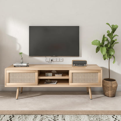 LUCKYELF Rattan TV Stand for 55 Inch TV Boho Farmhouse TV Console Media Cabinet with Solid Wood Legs Television Stands TV Cabinet Double Sliding