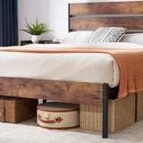 VECELO Rustic Queen Size Bed Frame with Wooden Headboard and Sturdy Slat Support VECELO