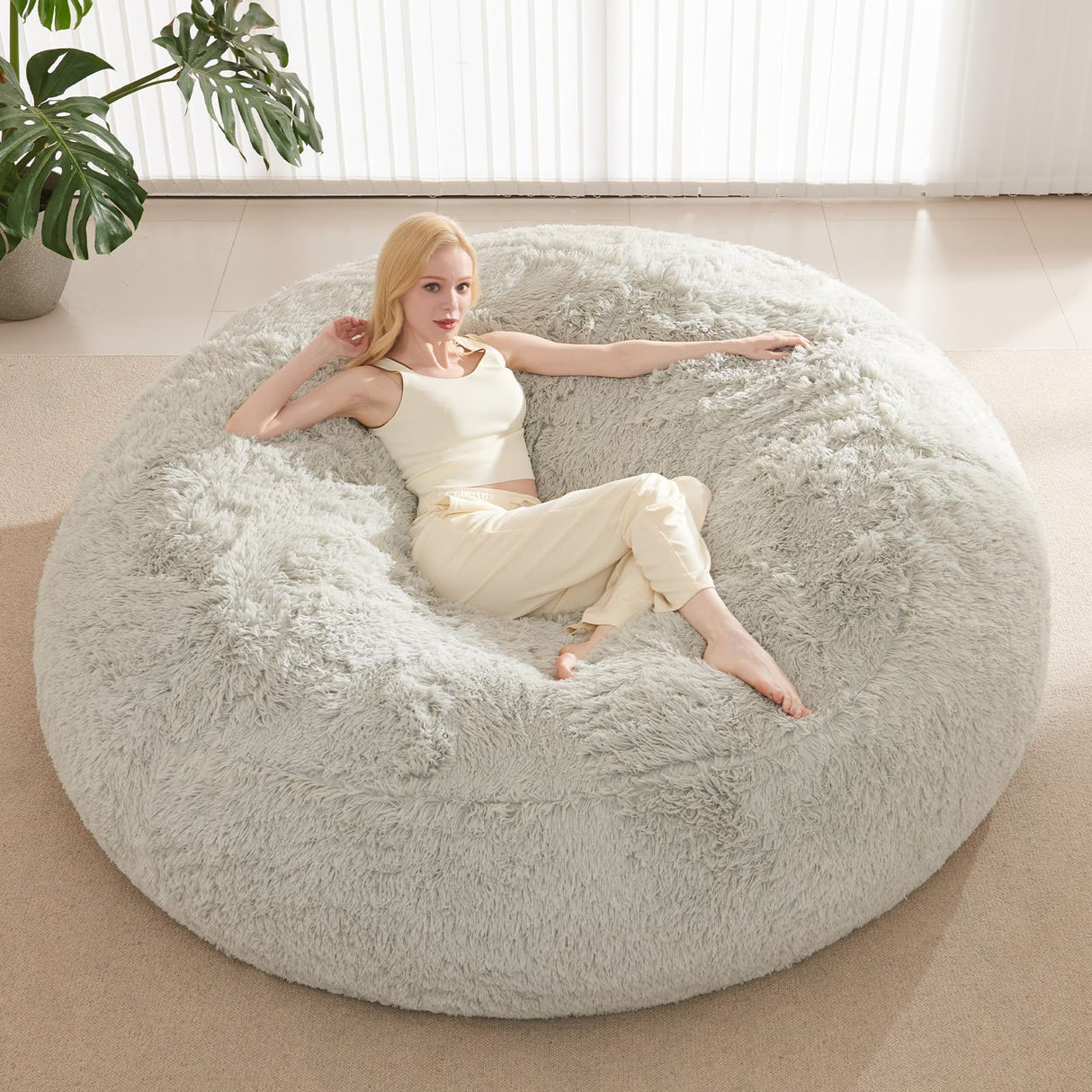 Bean Bag Chair Cover, Waterproof Faux Fur Bean Bag Cover Only(No Filler), 5FT Round Beanbag Chair with Pocket, Big Giant Bean Bags Chairs for Adults Kids Teens, Stuffed Animal Storage ODreamyDogs