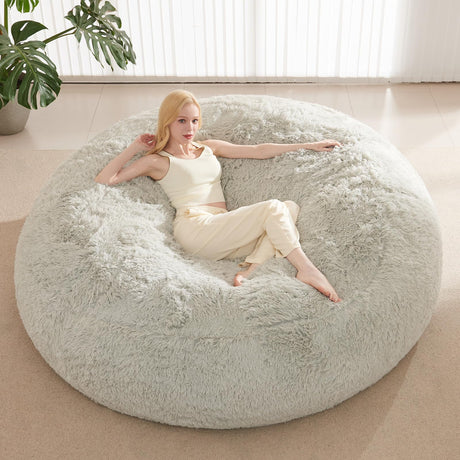 Bean Bag Chair Cover, Waterproof Faux Fur Bean Bag Cover Only(No Filler), 5FT Round Beanbag Chair with Pocket, Big Giant Bean Bags Chairs for Adults Kids Teens, Stuffed Animal Storage ODreamyDogs