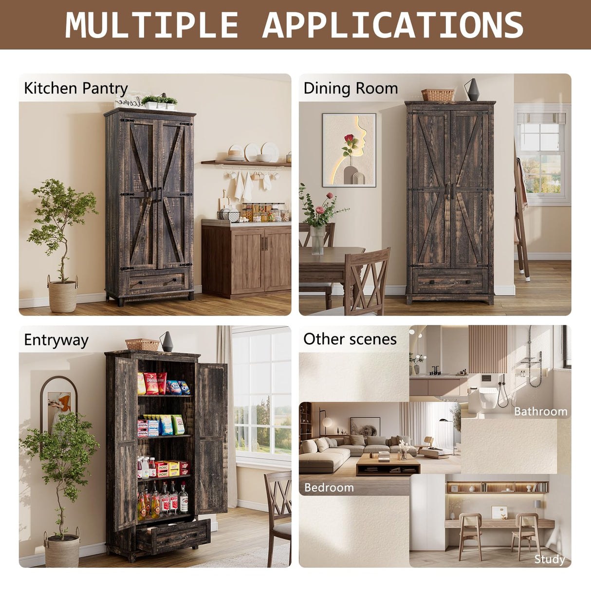 LUXOAK Farmhouse Kitchen Pantry Cabinet, 72" Tall Storage Cabinet with Adjustable Shelves & Barn Doors, Freestanding Kitchen Cupboard for Dining Room, Living Room, Dark Rustic Oak LUXOAK