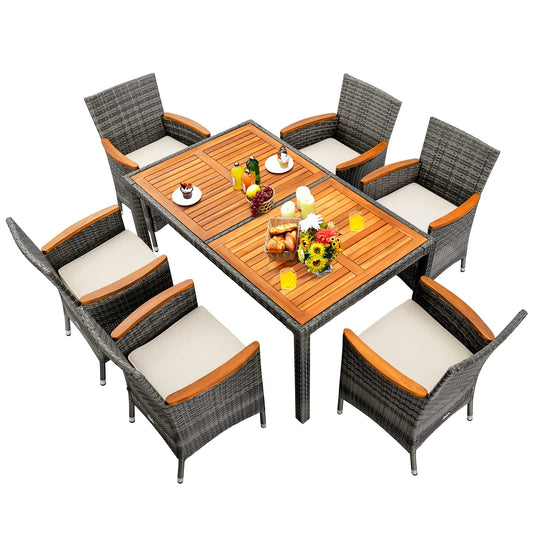 COSTWAY 7PCS Patio Rattan Dining Set Acacia Wood Table Cushioned Chair Mix Gray