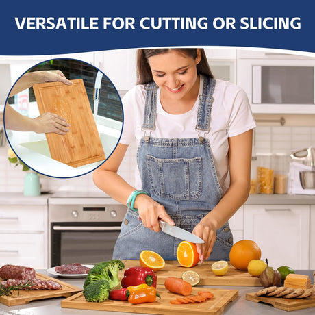 Hiware Wood Cutting Boards for Kitchen, Heavy Duty Bamboo Cutting Board with Juice Groove, Bamboo Chopping Board Set for Meat, Vegetables - Set of 3 HIWARE