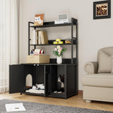 Large Litter Box Enclosure with Shelves, 52'' Hidden Cat Kitty Litter Furniture Corner Cats Bookshelf for Living Room, Bedroom, Cat Box Enclosure Cabinet with Scratch Pad Black GarveeHome