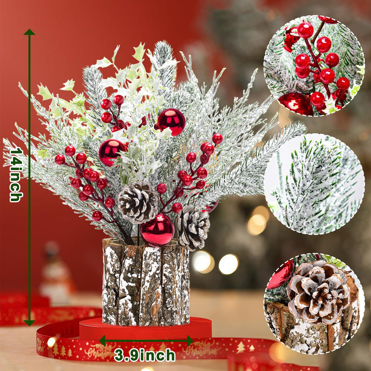 2 Pack Christmas Table Decorations, 14 Inch Christmas Centerpiece Small Potted Christmas Tree with Lights, Pine Cones and Berries, Xmas Artificial Plants for Tables, Home, Mantel Holiday Decor BHLUUIYER