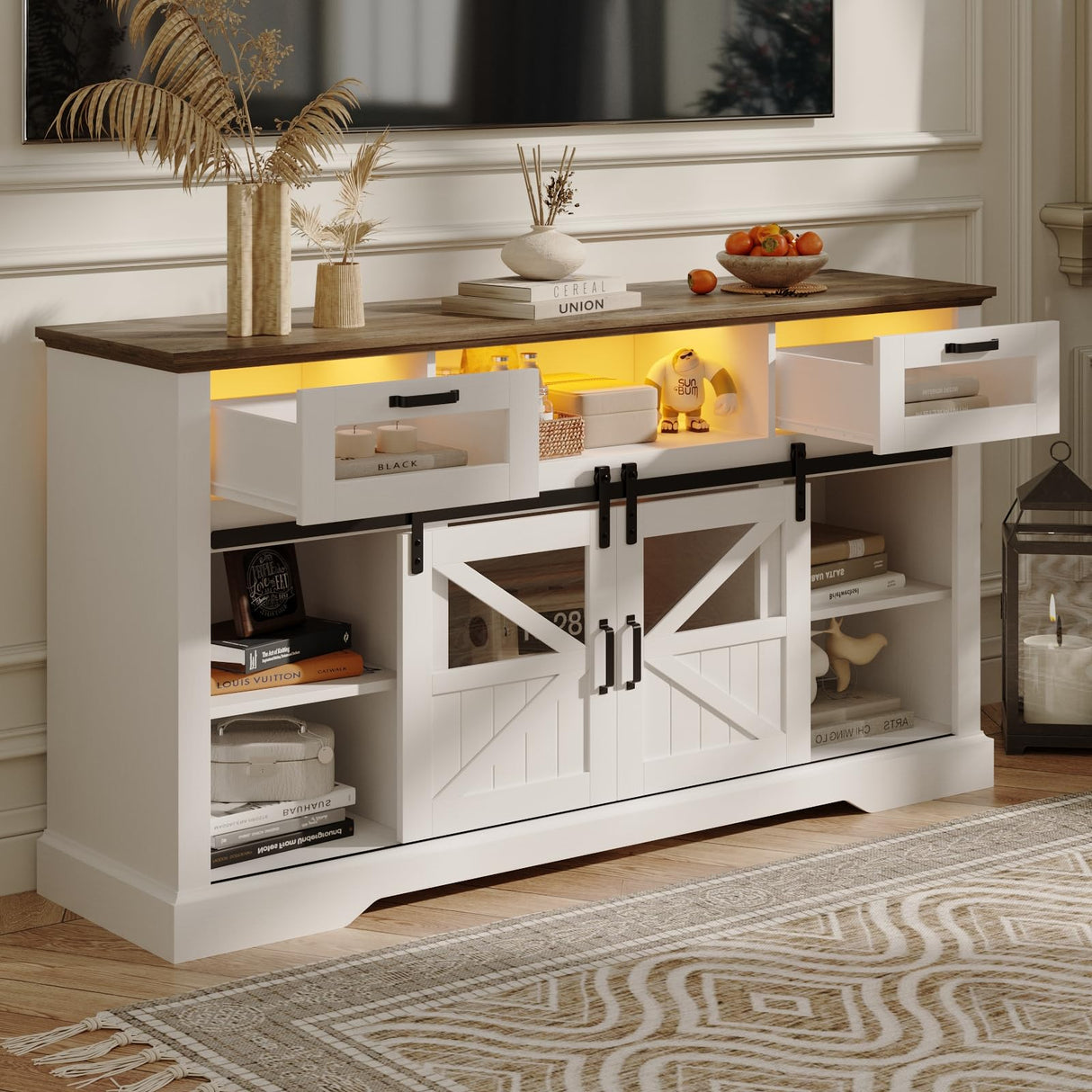 Fameill TV Stand for Televisions up to 65 Inch with Sliding Barn Doors, Glass Media Entertainment Center Storage Cabinet, Adjustable Led Light Farmhouse Console Table, Mid Century Modern White Fameill