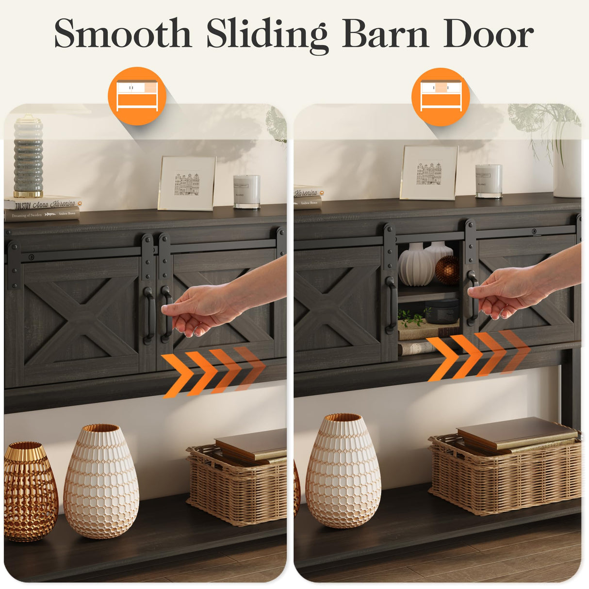 RoyalCraft Farmhouse Entryway Table with Storage, 46" Console Table with Sliding Barn Door, Wood Rustic Sofa Table with Adjustable Shelf for Hallway, Living Room, Foyer, Dark Grey RoyalCraft