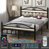 Samurbex Full Size Bed Frame with Charging Station,Black Metal Platform Bed Frame with LED Lights,Heavy Duty Metal Steel Slats Support,No Box Spring Needed,Noise Free,Easy to Assemble Samurbex