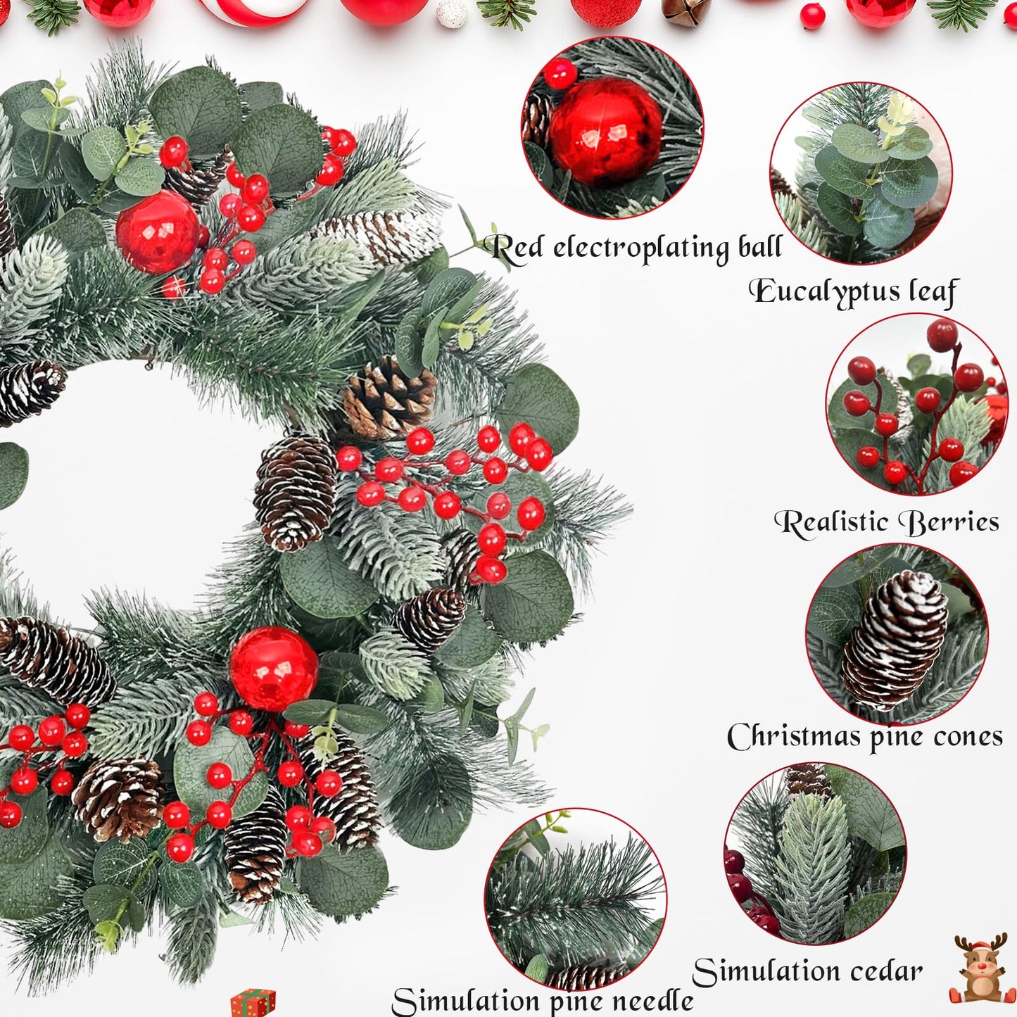 podafu 22 Inch Christmas Wreath Christmas Wreaths for Front Door Artificial Winter Wreath with Red Balls Holly Berries Pine Cones and Eucalyptus Leaves for Xmas Holiday Wall Fireplace Porch