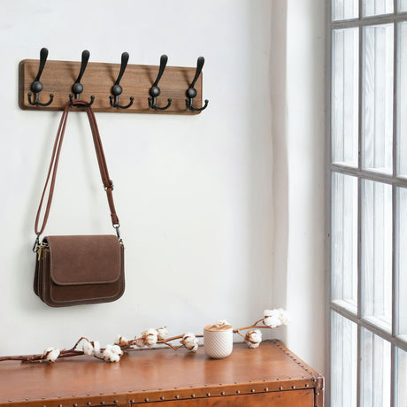 WEBI Rustic Coat Rack Wall Mount,Coat Hooks Wall Mounted,16" Hole to Hole,Wood Coat Hanger Wall,Hook Rack Rail,5 Triple Hooks for Hanging Coats,Jacket,Clothes,Brown WEBI