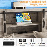 Fameill Farmhouse King Size Bed Frame with 4 Drawers and Bookcase Headboard, Sliding Barn Door Storage Shelves, LED Lights and Charging Station, No Box Spring Needed, Grey Fameill