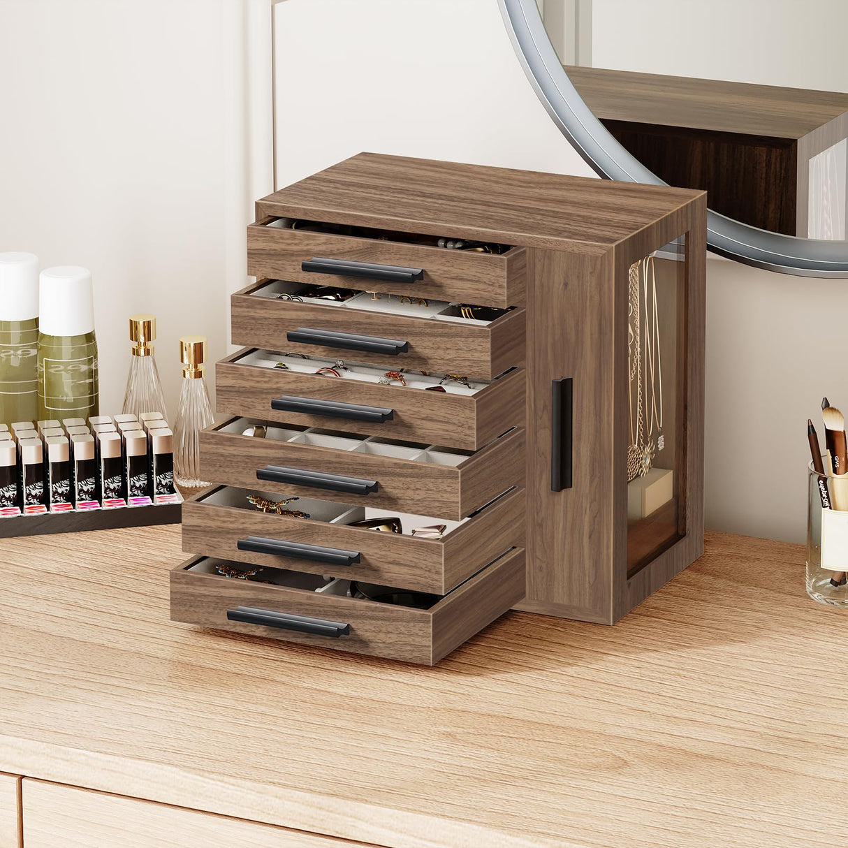 HOOBRO Jewelry Box for Women, Jewelry Organizer Box, 6-Tier Wooden Jewelry Box, Jewelry Case with Side Transparent Window, Creative Gift, for Earring, Necklace, Bracelet, Walnut and Black BH12JB04 HOOBRO