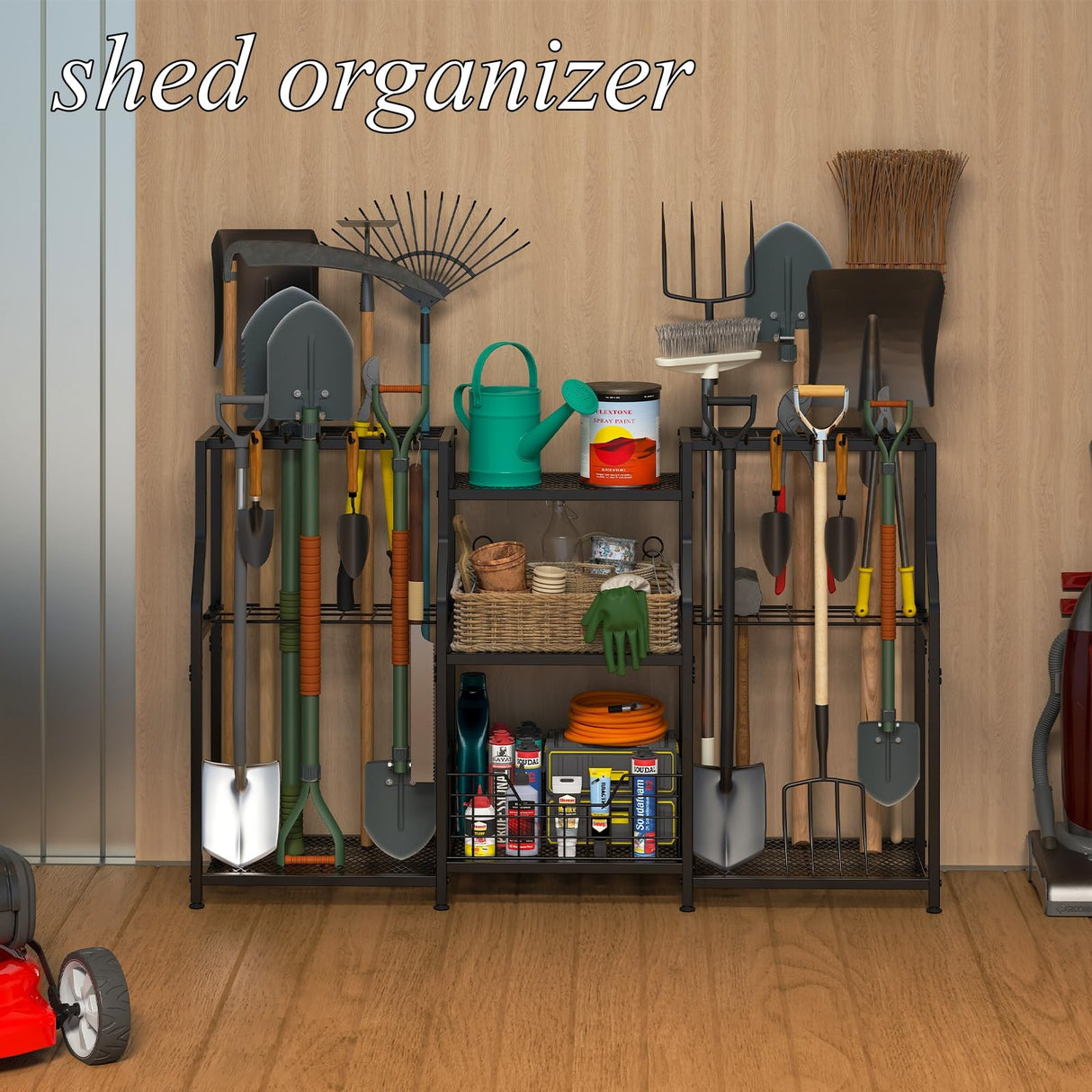 keomaisyto Garden Tool Organizer, Heavy Duty Yard Tool Tower Rack for Garage Organization and Storage, 3 Tier Utility Garden Tool Rack with hooks for Garden/Shed/Garage/Yard/Basement/Lawn keomaisyto