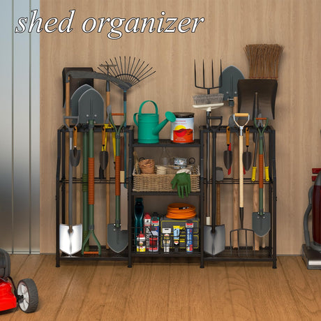 keomaisyto Garden Tool Organizer, Heavy Duty Yard Tool Tower Rack for Garage Organization and Storage, 3 Tier Utility Garden Tool Rack with hooks for Garden/Shed/Garage/Yard/Basement/Lawn keomaisyto