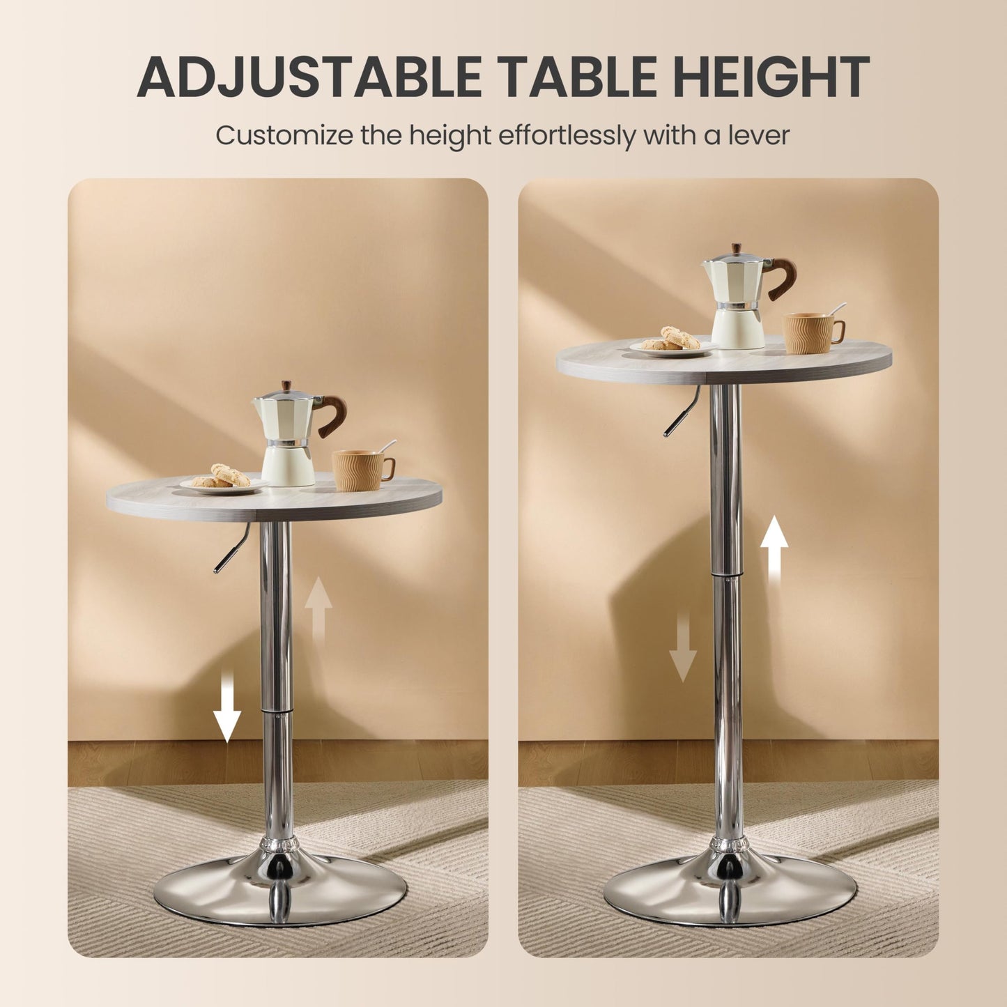 Yaheetech Round Bar Table, Adjustable Height and 360° Swivel Bar Tables, Cocktail Table with MDF Top, Silver Leg Base for Bar, Bistro, Café, Grey