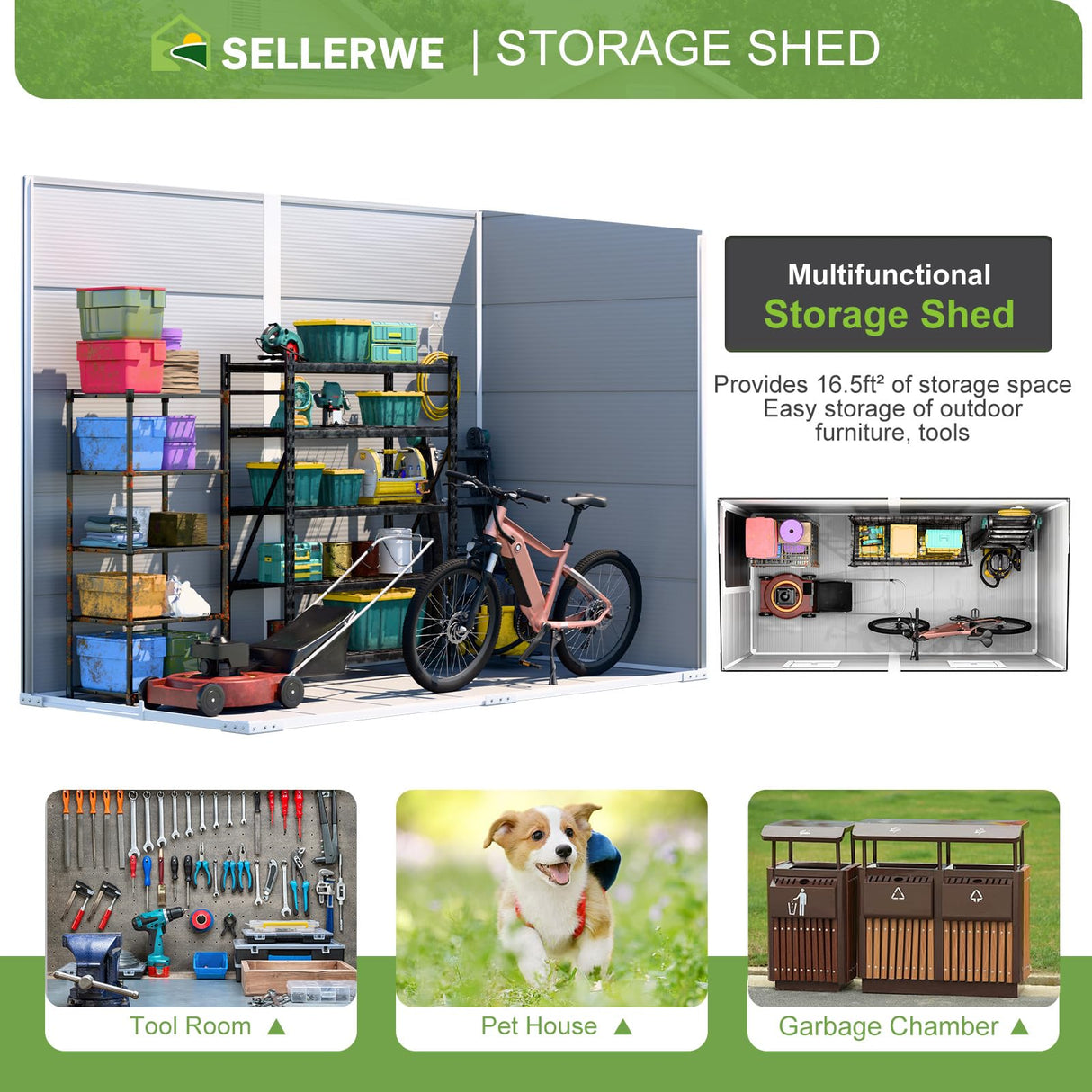 SELLERWE 8x4x6 FT Resin Lean to Shed, Waterproof Outdoor Storage Shed with Floor, Window, Lockable Door & 2 Windows, Tool Shed for Patio Garden, Lawn, Backyard, Dove Grey SELLERWE