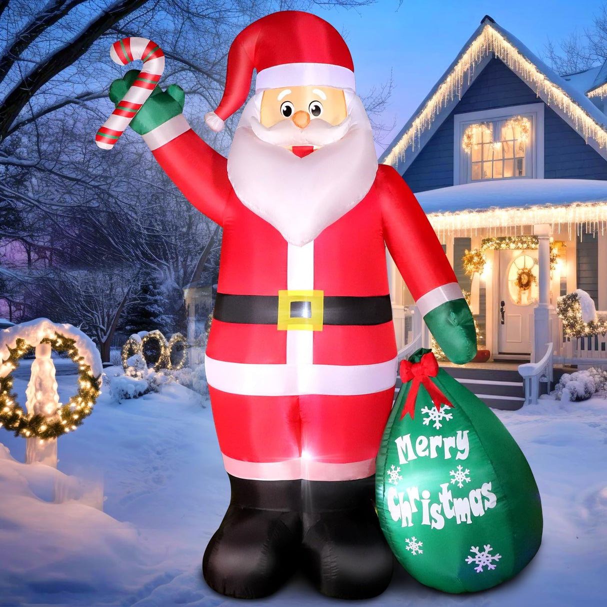 8 FT Christmas Inflatable Santa Claus with Candy and Big Gift Bag Outdoor Decor, Blow Up IP44 Weatherproof Xmas Decorations for Yard, Built-in LED Light for Gardern Lawn Indoor Winter Holiday Thanger