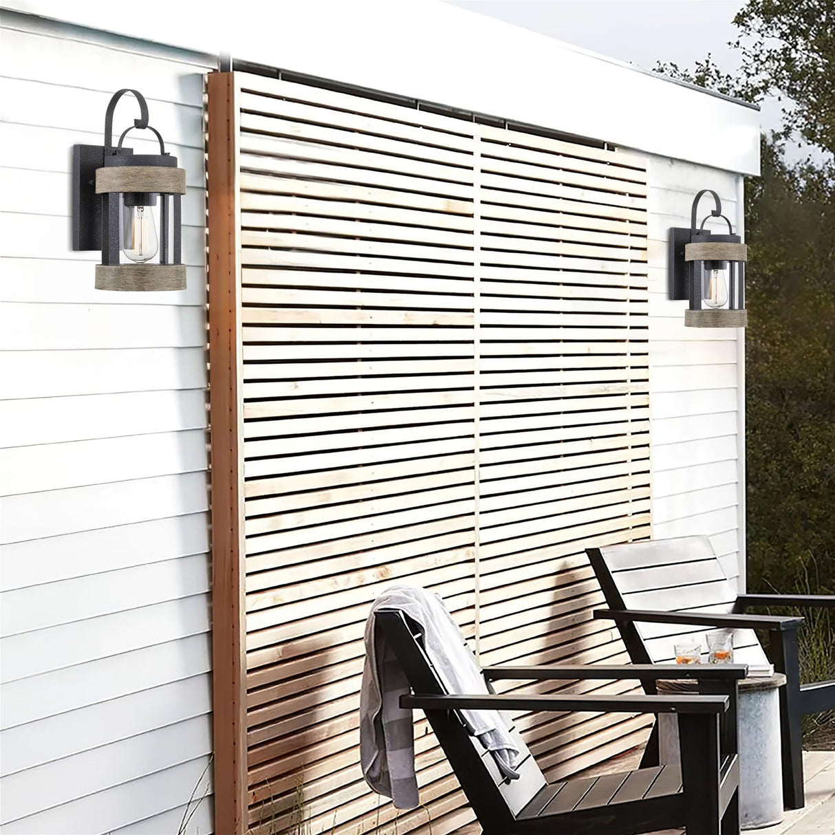 Kira Home Rochester 14" Modern Indoor Outdoor Wall Sconce + Cylinder Glass Shade, Weathered Oak Wood Style + Textured Black Finish Kira Home