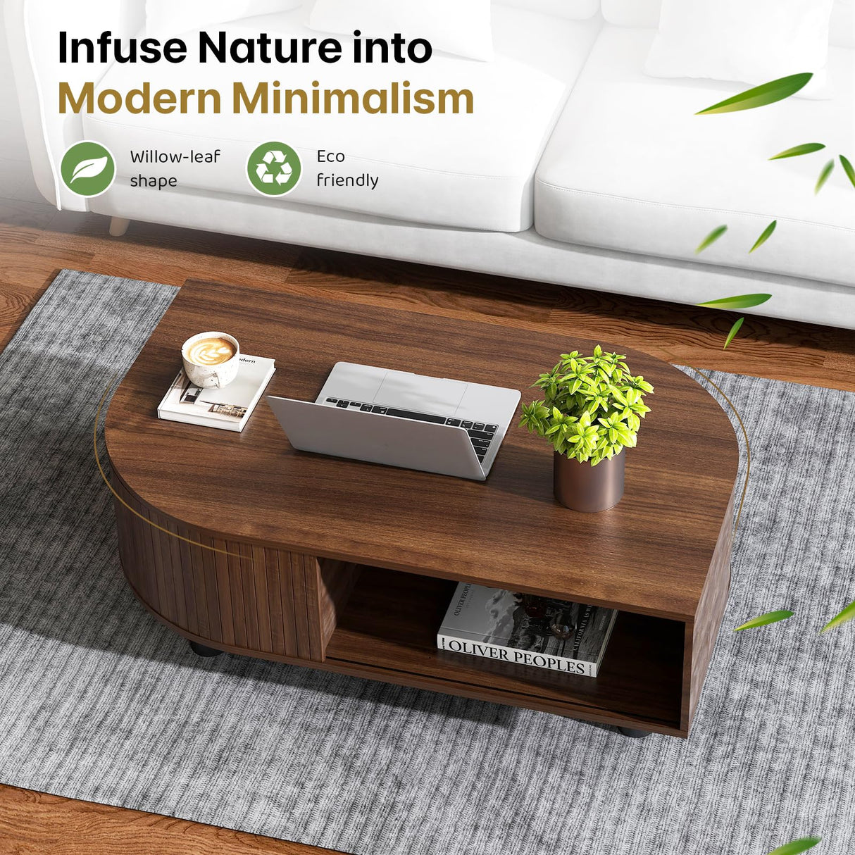 sunmiler Mid-Century Modern 39.4" Coffee Table - Leaf-Shaped Wood Center Table with Storage, Retro Fluted Central Table with Sliding Door & Large Hidden Compartment, for Living Room, Office, Walnut sunmiler