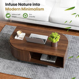 sunmiler Mid-Century Modern 39.4" Coffee Table - Leaf-Shaped Wood Center Table with Storage, Retro Fluted Central Table with Sliding Door & Large Hidden Compartment, for Living Room, Office, Walnut sunmiler