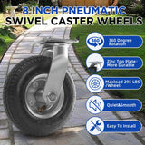 RRQ 8 Inch Caster Wheels, Pneumatic Swivel Caster Wheels with Zinc Top Plate 360 Degree Rotation for Cart, Dolly, Trolley, Workbench and Wagon, Black Rubber Wheels, 590 Lbs Total Capacity (2 Pack) RRQ