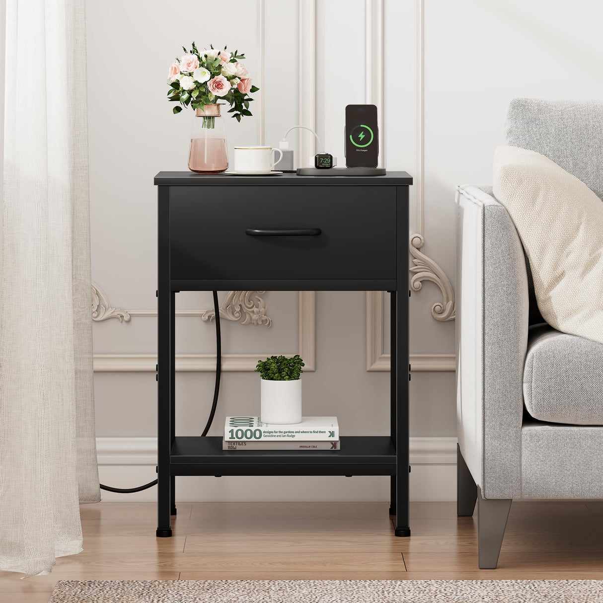 Vagusicc Nightstand Set of 2 with Charging Station, Bed Side Table with Fabric Drawer, Small End Table with 2-Tier Storage Shelves, 25.4" Tall Bedside Table, Black Night Stand for Bedroom, Living Room Vagusicc