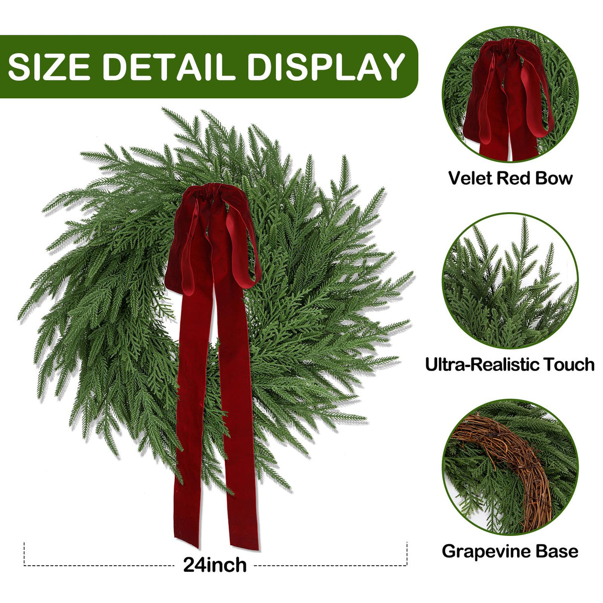 ENVEN Artificial Norfolk Pine & Cedar Christmas Wreath with Velvet Bow – Real Touch Faux Greenery Holiday Front Door Decoration for Indoor Outdoor Use ENVEN