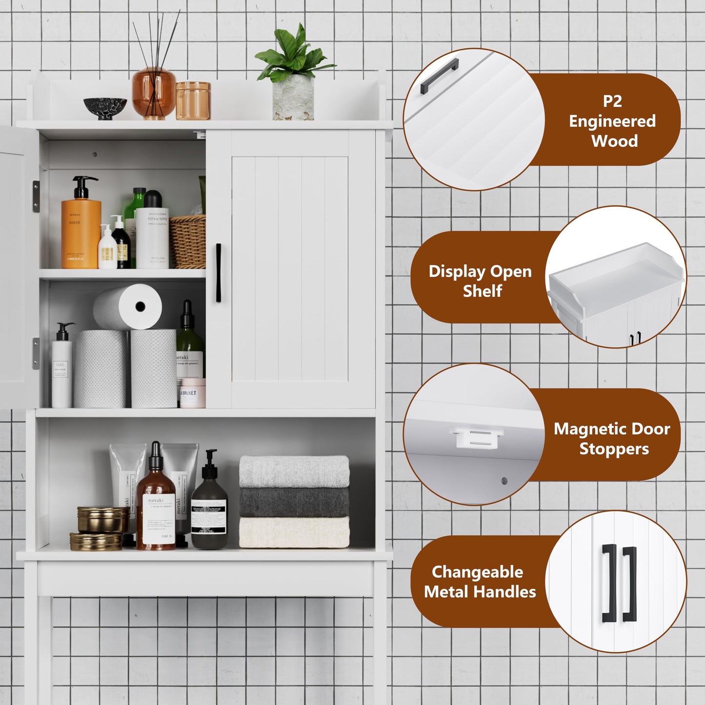 VEIKOU Over The Toilet Storage Cabinet, Bathroom Cabinet Over Toilet, Freestanding Over The Toilet Storage/Adjustable Shelf, Storage Rack, White