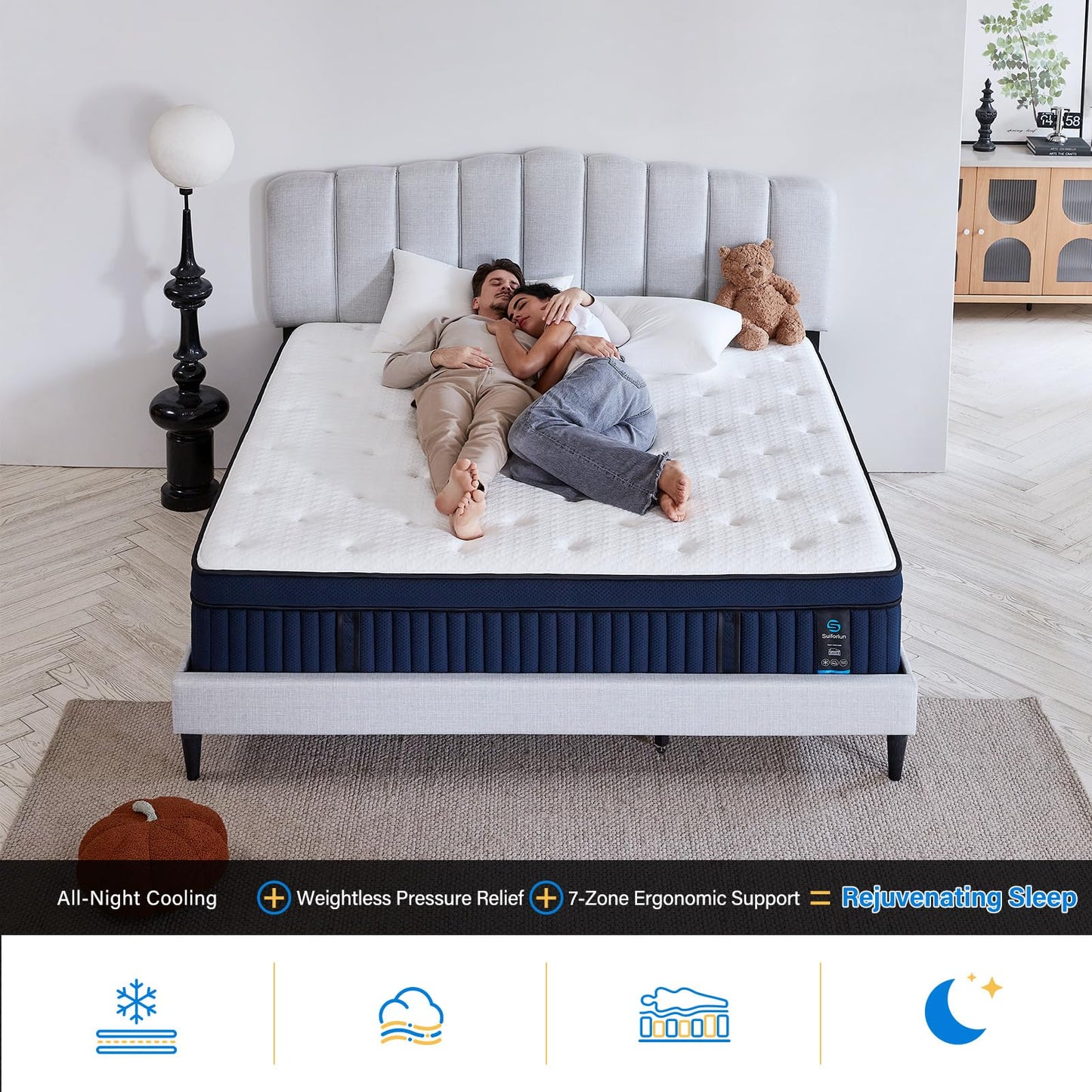 Suiforlun 14 Inch Cal King Mattress with Cool-to-Touch Cover, Euro Top Hybrid Gel Memory Foam Mattress with 7-Zone Pocketed Coils, Medium Firm California King Size Mattress for Pressure Relief