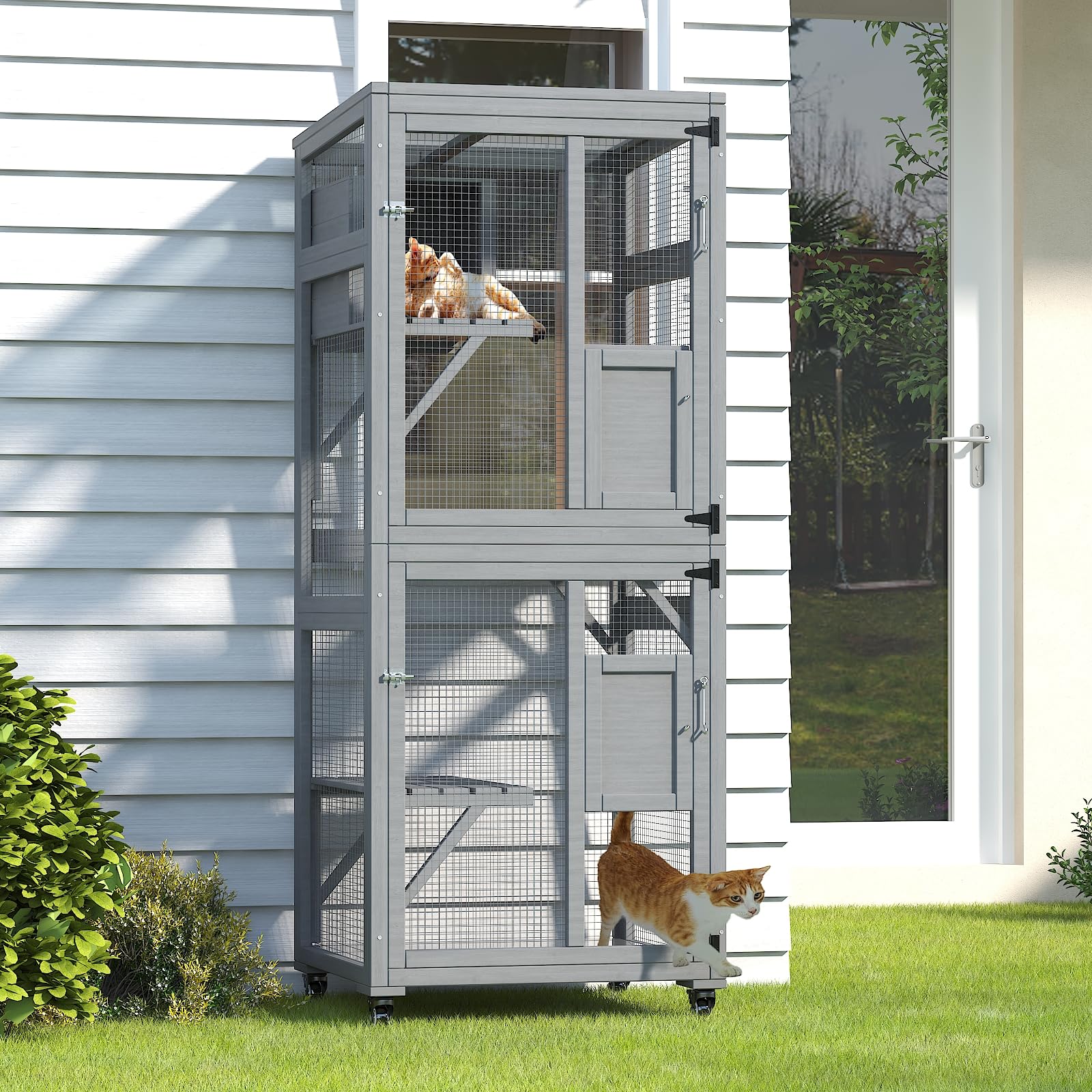 TIMHAKA 4 Tiers Cat Catio Outdoor Cat Enclosure, Cat House Outdoor Catio with Sunshine Panel Waterproof Roof, Large Enclosure with Run on 4 Wheels, Cat Cage with Removable Wood Bottom and PVC - WoodArtSupply