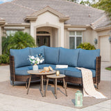 Sophia & William Wicker Patio Furniture Set, Curved Outdoor Sofa 4 Seats Conversation Set with Coffee Table, L-Shaped Outdoor Sectional for Backyard, Porch, Blue Sophia & William