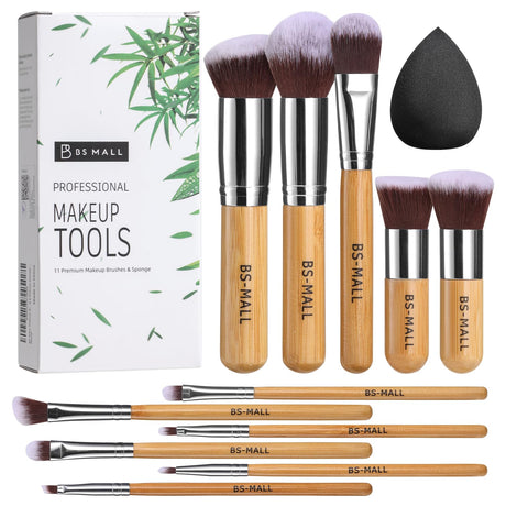BS-MALL Makeup Brush Set 11Pcs Bamboo Synthetic Kabuki Brush Set Foundation Powder Blending Concealer Eye shadows Blush Cosmetics Brushes with Organizer Bag & Makeup Sponge BS-MALL