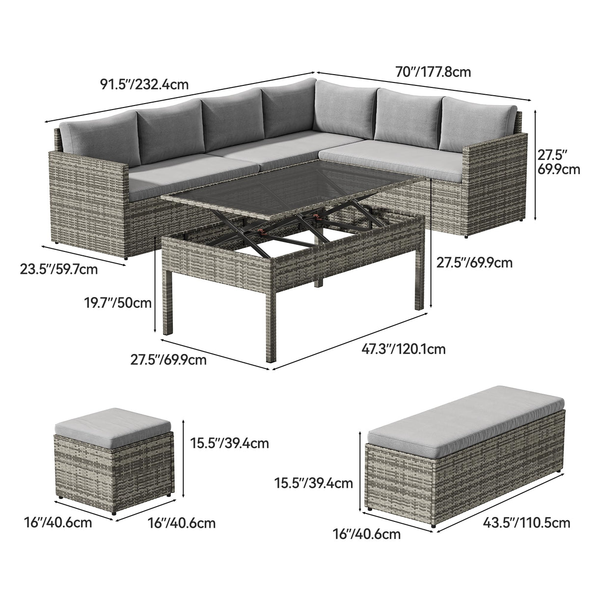 YITAHOME 6-Piece Patio Furniture Set, All-Weather Wicker Outdoor Sectional Sofa with Lift-Top Table & Ottoman, Patio Conversation Set for Deck, Backyard, Porch - Gray Gradient YITAHOME