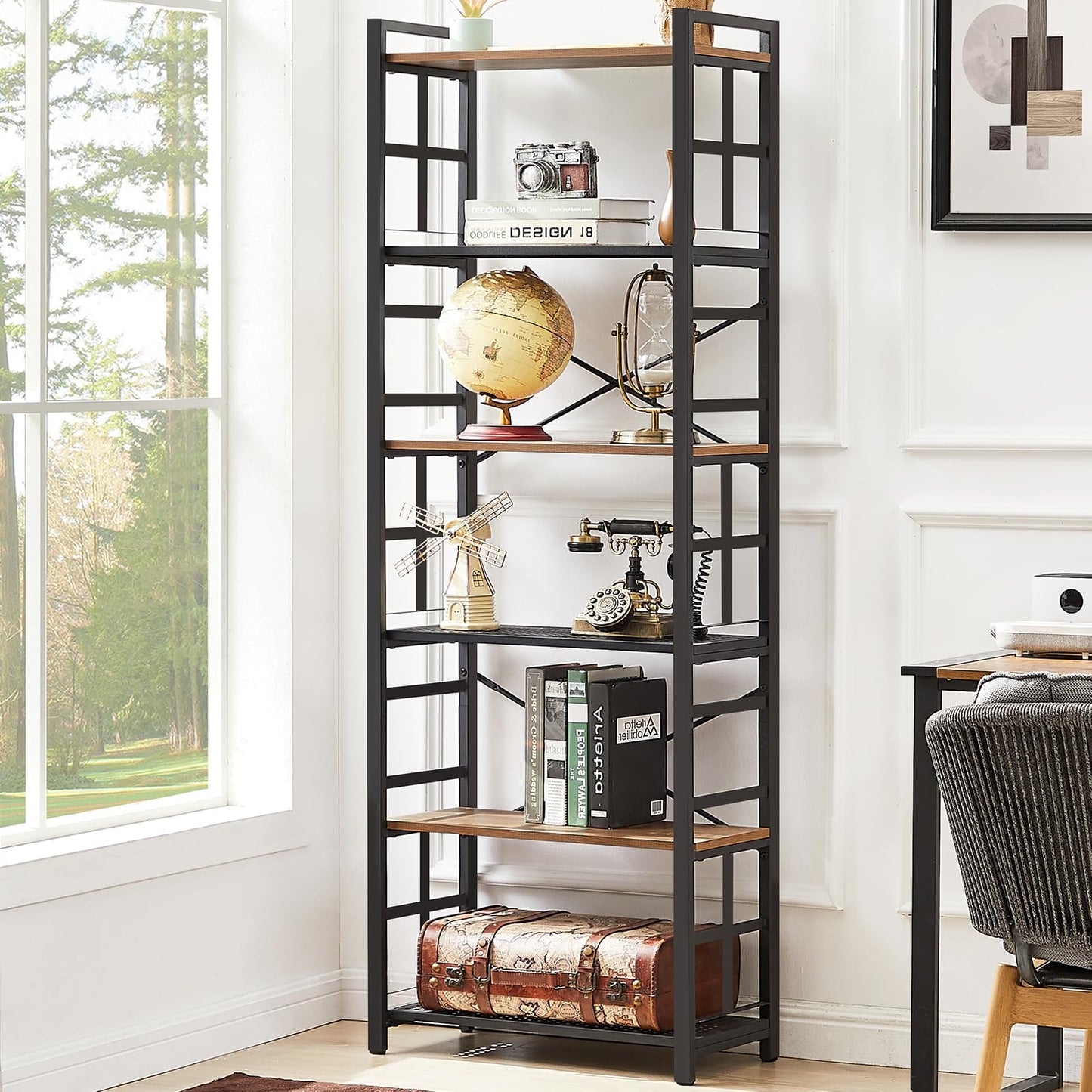 HOMBAZAAR 6-Tier Industrial Bookshelf with Metal Frame in Rustic Brown - WoodArtSupply