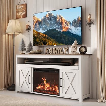 BELLEZE 58" Farmhouse Fireplace TV Stand for TVs up to 65", 23" Electric Fireplace Heater with Sound, Entertainment Center Media Console Table Barn Door Storage Cabinets for Living Room - White