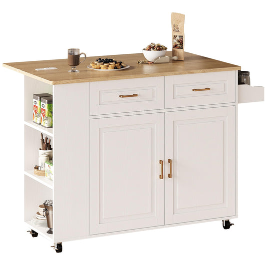 IRONCK Rolling Kitchen Island with Storage, Kitchen Cart Cabinet with Drop-Leaf & Charging Station Drawer & Shelves & Spice Rack 47" W x 30" D White - WoodArtSupply