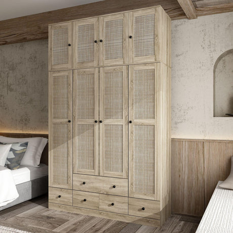 MOUMON 4 Rattan Door Wardrobe with Shelves and Drawers, Armoire Wardrobe with 2 Clothing Rods, Top Storage, Closet for Bedroom Oak 19" D x 59”W x 94.5”H MOUMON